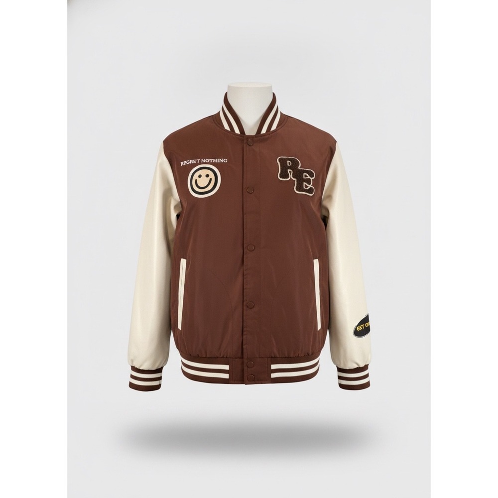 Riot Empire Mens No Bad Vibes Varsity Jacket Brown Cream XL MNJK3060-BRN-RE